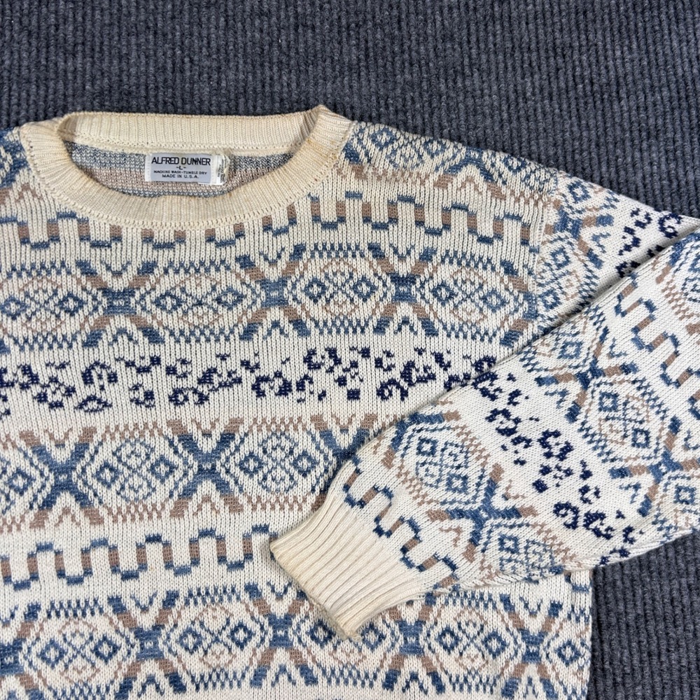 Alfred Dunner Sweater Men's L Vintage Fair Isle Knit Cotton Sweater Blue Tan USA